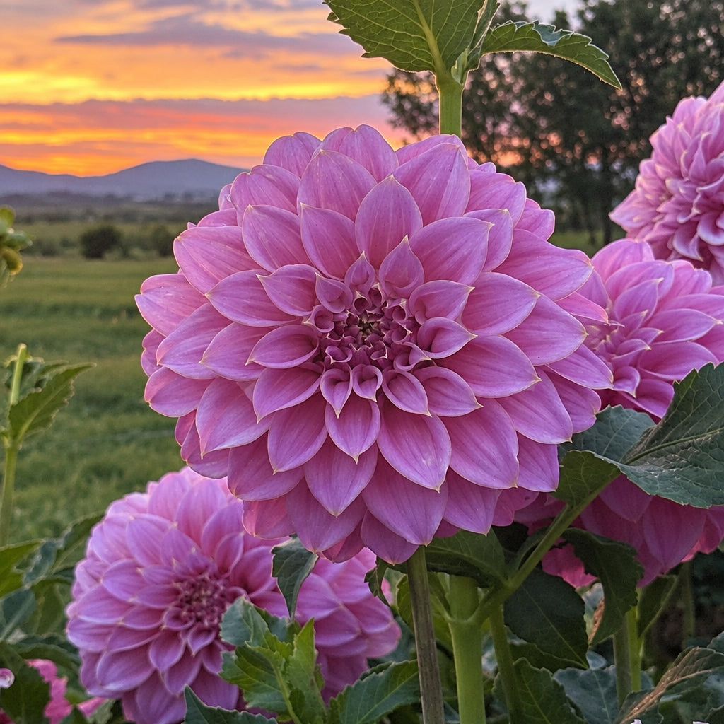 A close-up of a large pink dahlia flower in full bloom, with other flowers and green leaves around it, set against a beautiful Utah sunset.