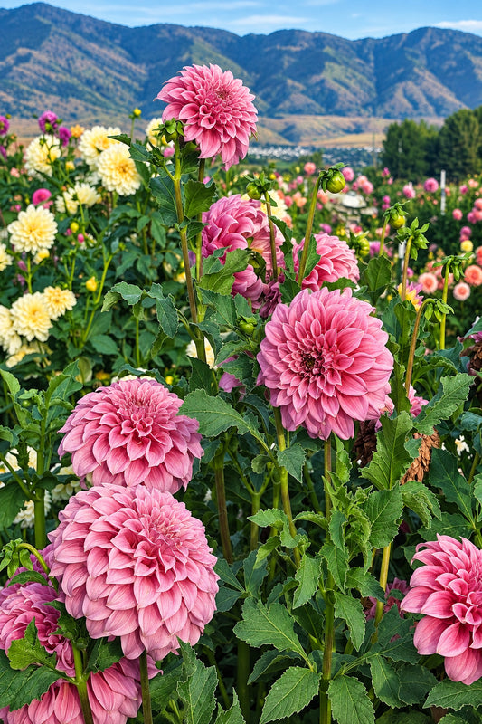Pink dahlia flowers in full bloom among green foliage, with mountains and a field of other flowers in the background.  Coorabell Amy is the dahlia variety from Australia