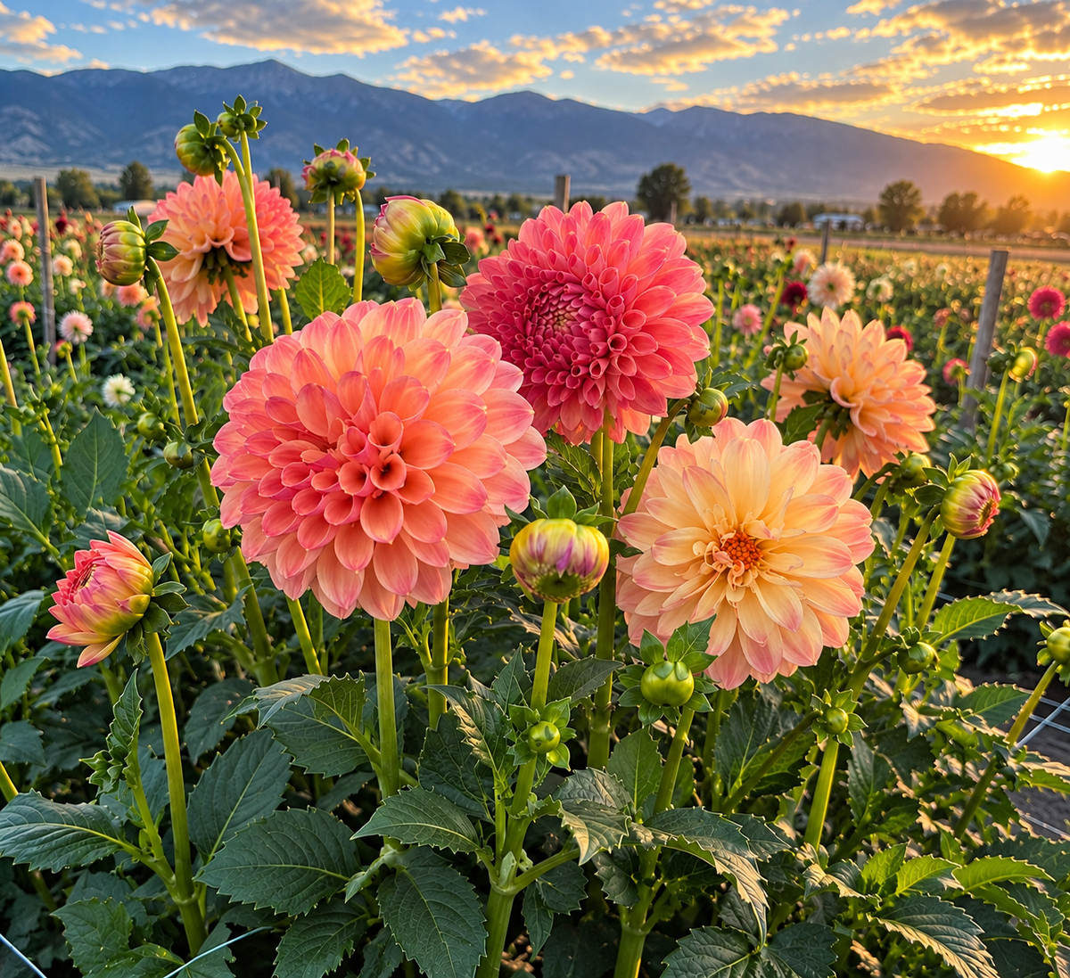 A field of blooming dahlia flowers in shades of pink, coral, and peach, with green foliage and mountains in the background under a sunset sky.